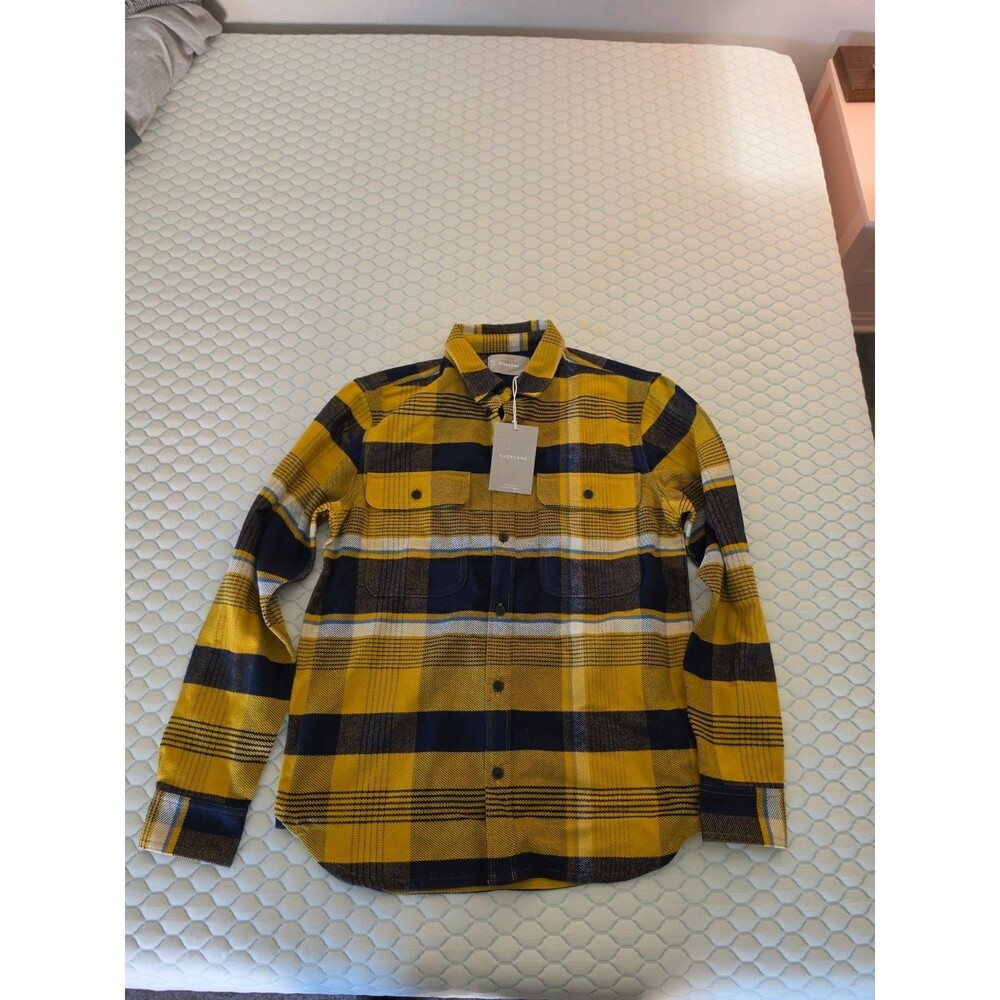 Everlane Overshirt Mens S Plaid Flannel Shacket NWT Mustard Navy